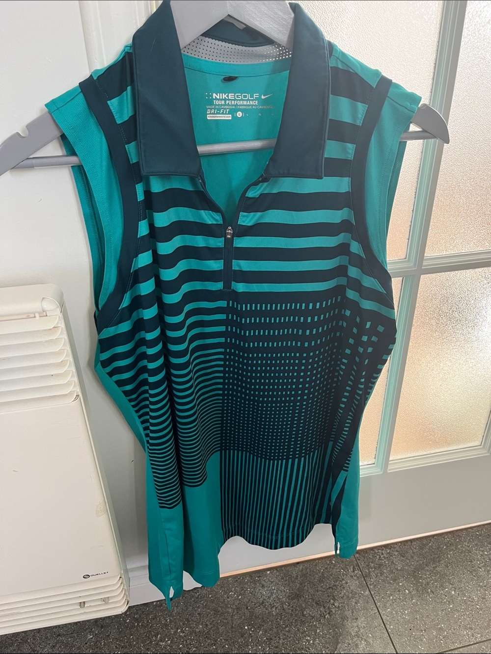 Nike Sleeveless Golf Polo - Teal & Black Geometric Stripe